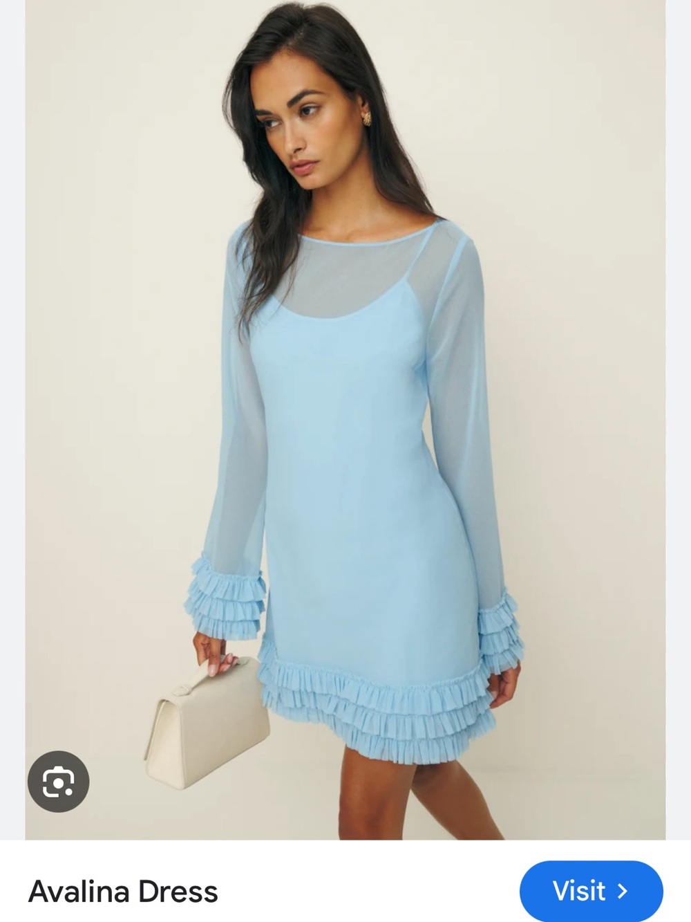 Reformation Avalina Light Blue Ruffle-Trim Mini Dress